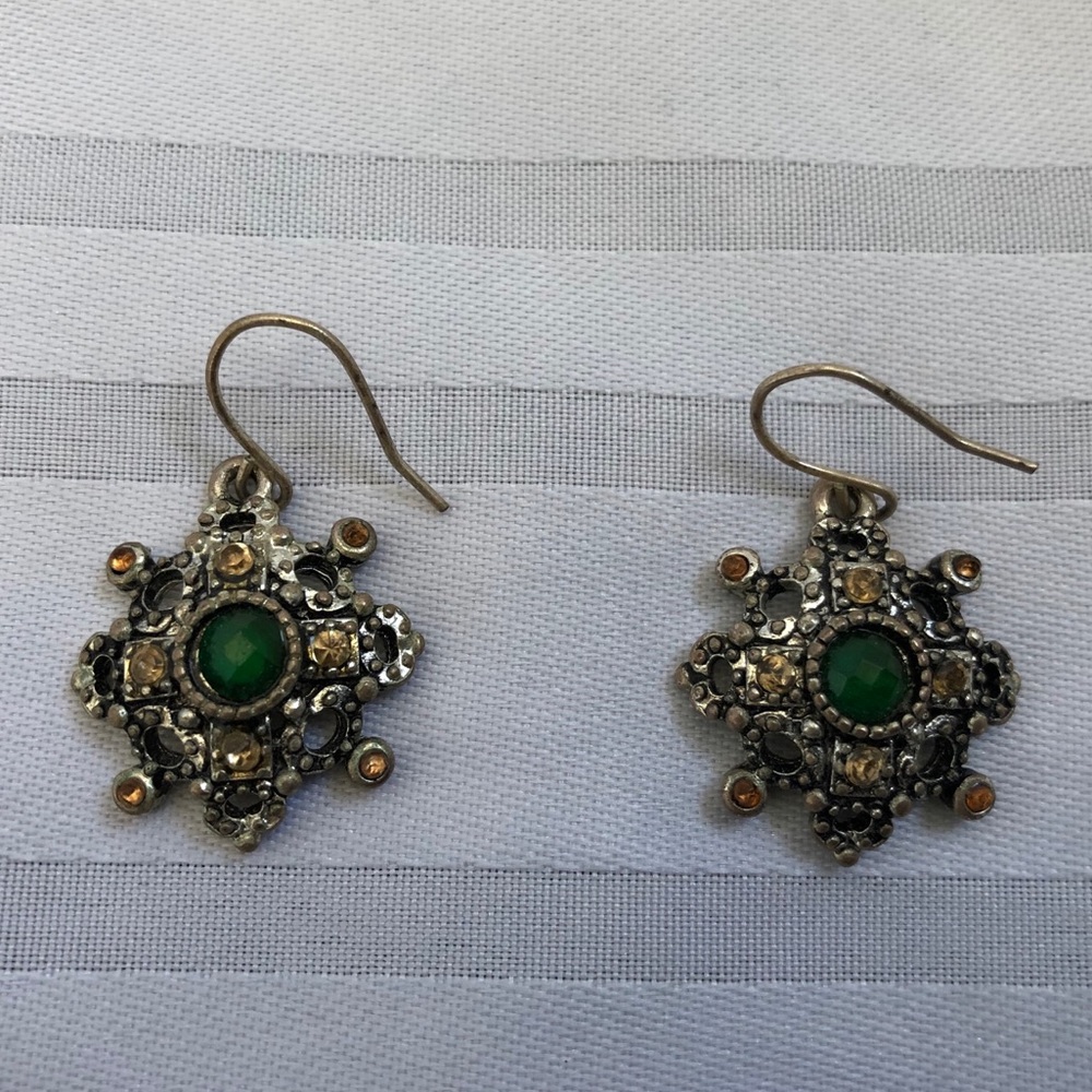 Teal, amber, & silver earrings